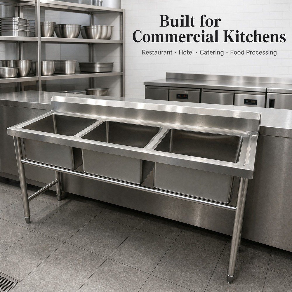 3-Compartment Stainless Steel Sink — in commercial kitchen