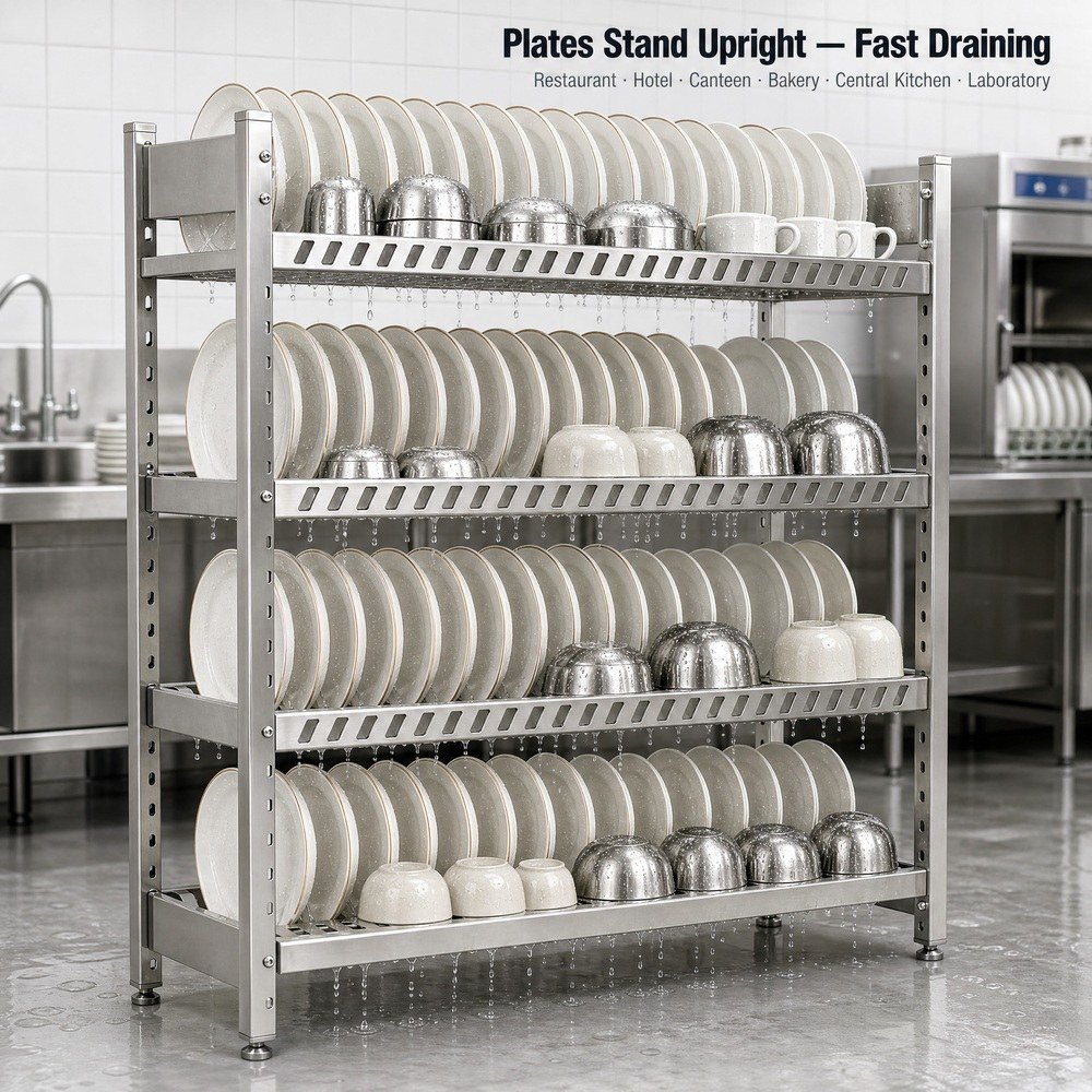 4-Tier Stainless Steel Shelf with Punched Panels — in commercial kitchen