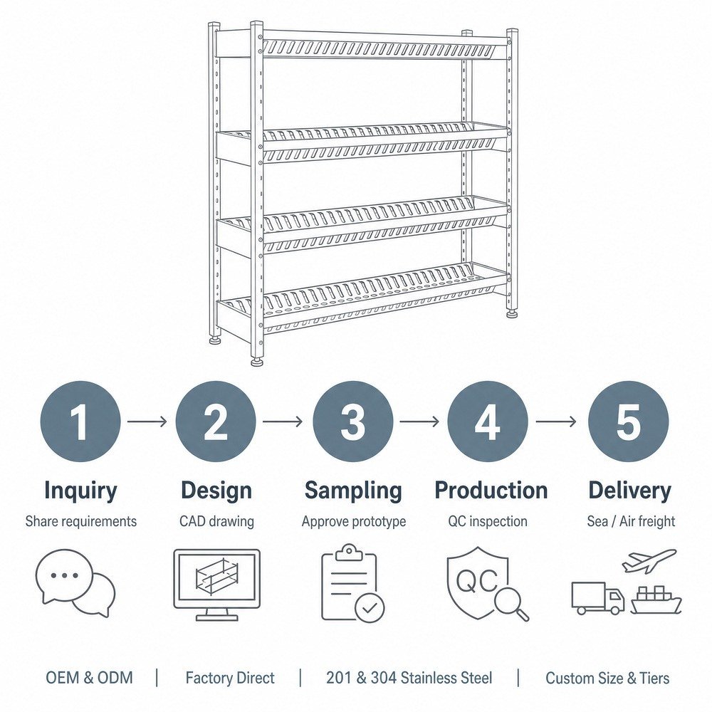 4-Tier Stainless Steel Shelf with Punched Panels — OEM/ODM customization process