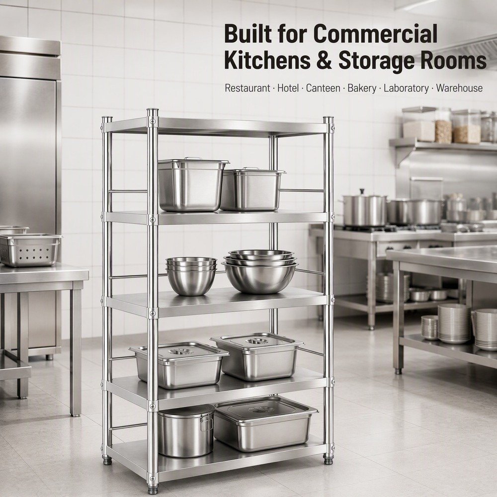 4-Tier Stainless Steel Shelf with Solid Panels — in commercial kitchen