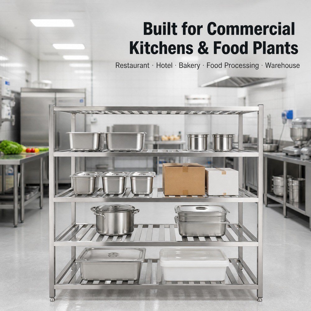 4-Tier Stainless Steel Storage Shelf — in commercial kitchen