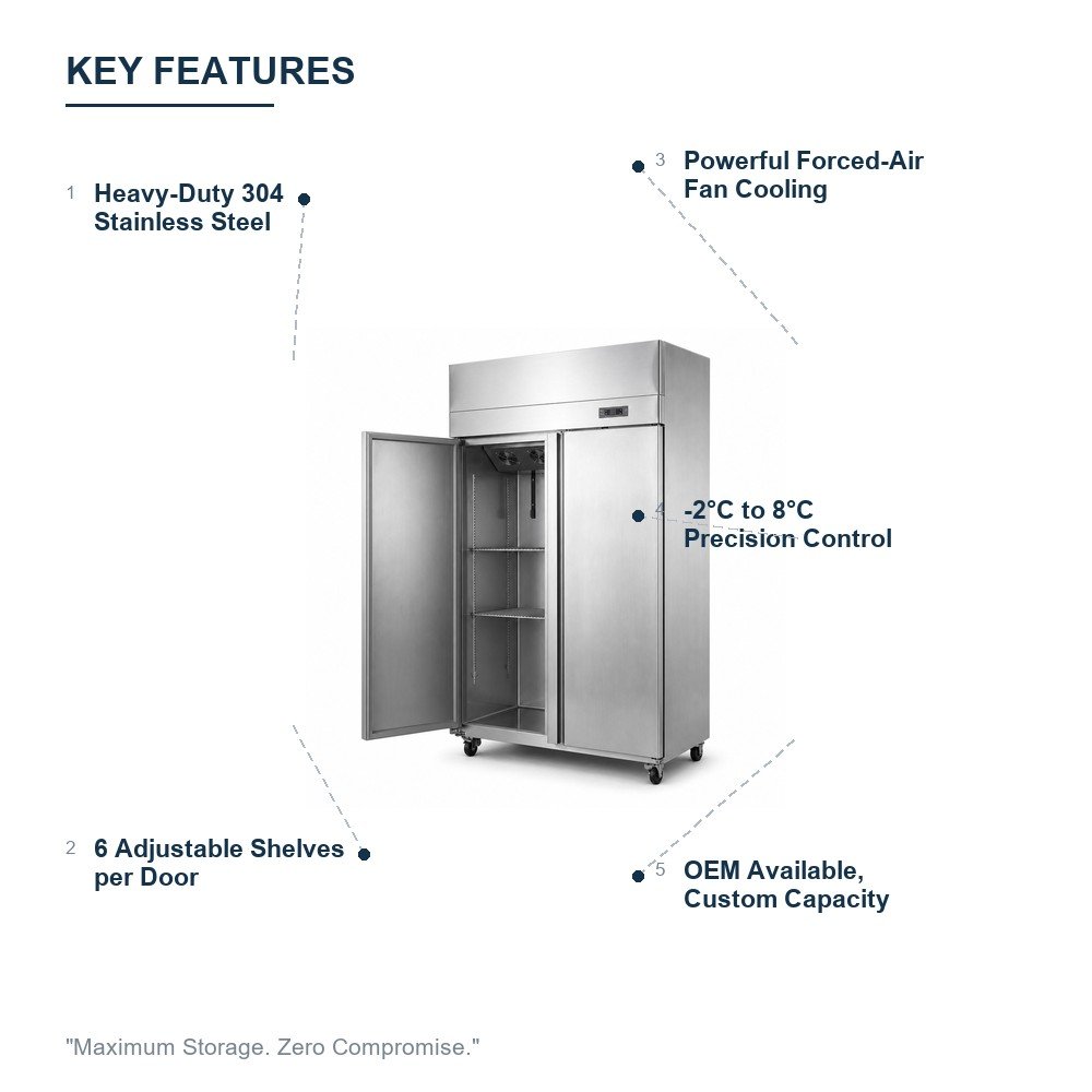 Commercial 2-Door Stainless Steel Refrigerator — key features