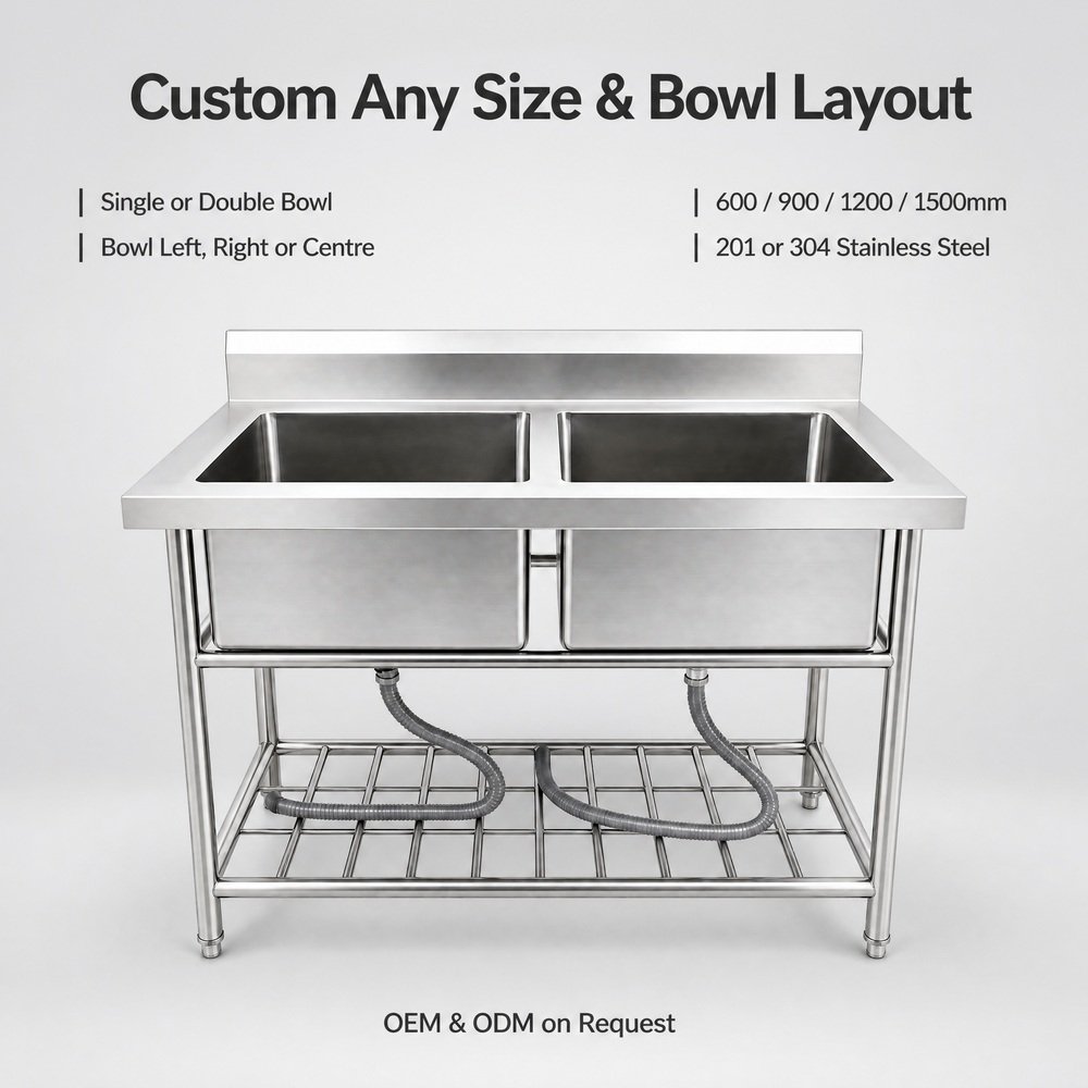 Commercial Double Bowl Stainless Steel Sink with Stand — available configurations