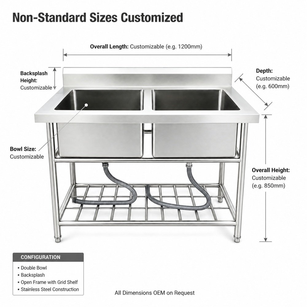 Commercial Double Bowl Stainless Steel Sink with Stand — dimensions