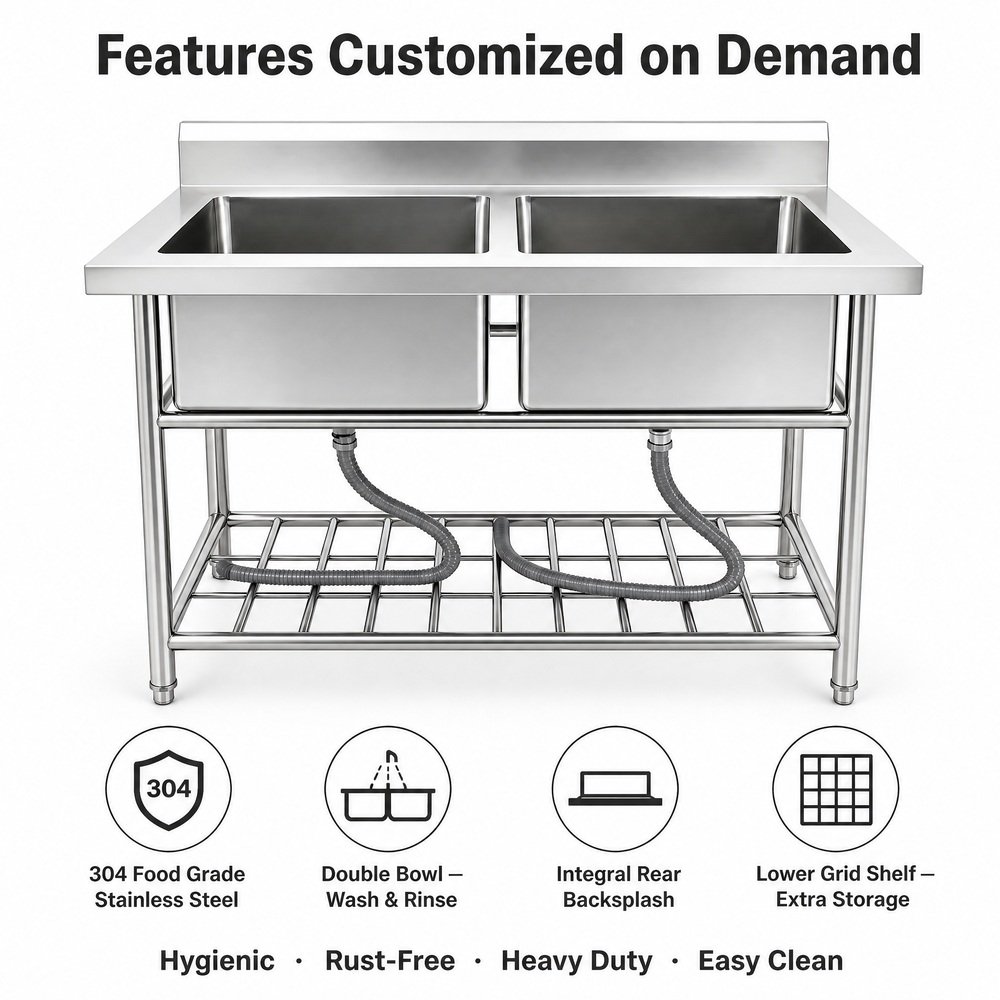 Commercial Double Bowl Stainless Steel Sink with Stand — key features