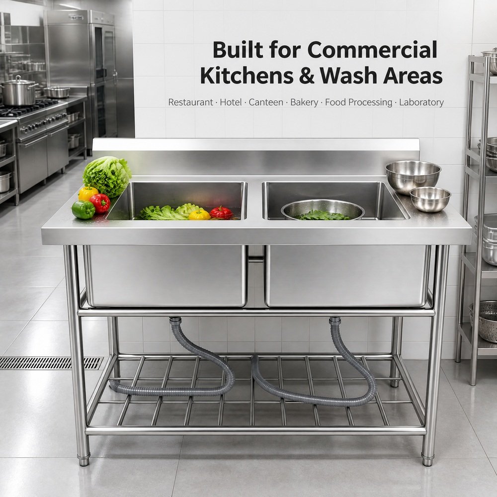 Commercial Double Bowl Stainless Steel Sink with Stand — in commercial kitchen