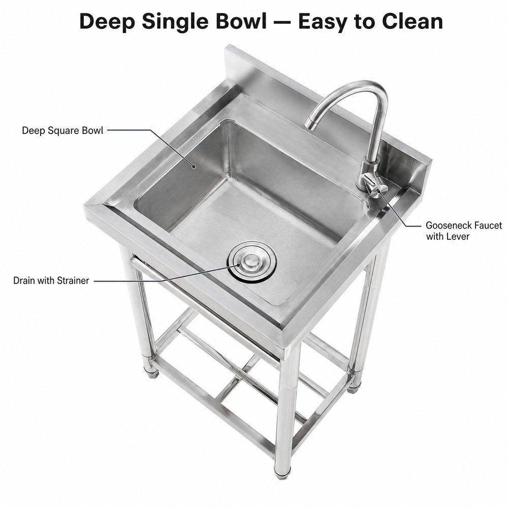Commercial Single Bowl Stainless Steel Sink with Stand — available configurations