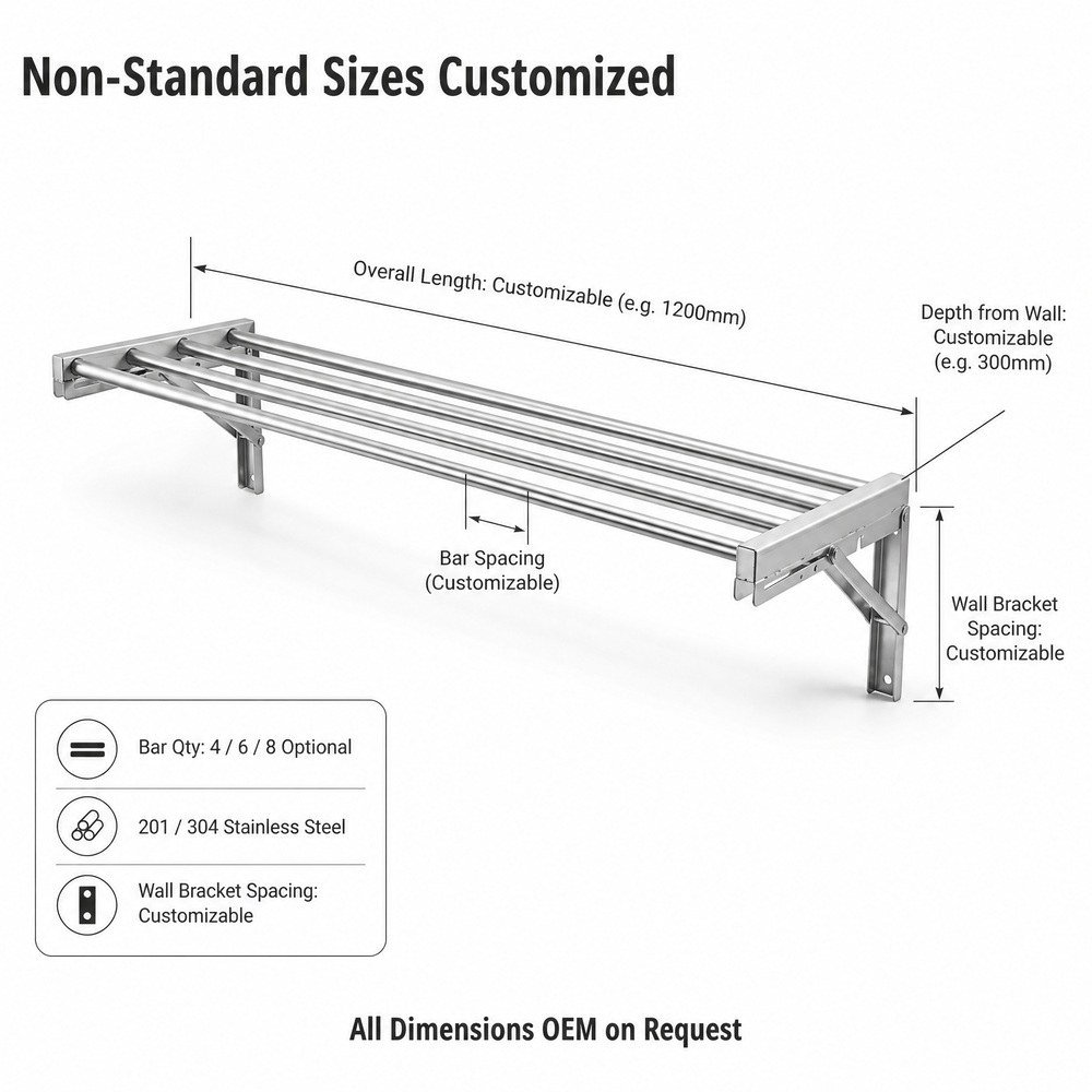 Foldable Wall-Mounted Stainless Steel Shelf — dimensions