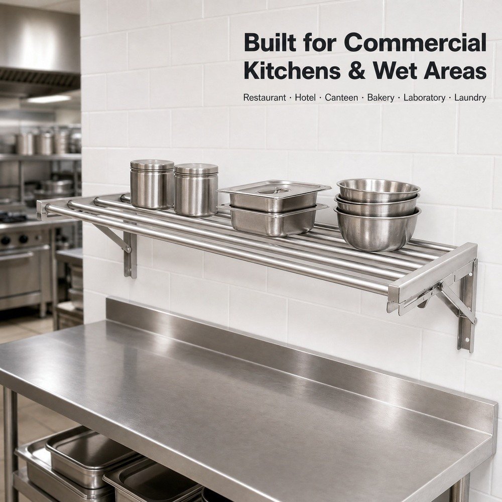 Foldable Wall-Mounted Stainless Steel Shelf — in commercial kitchen