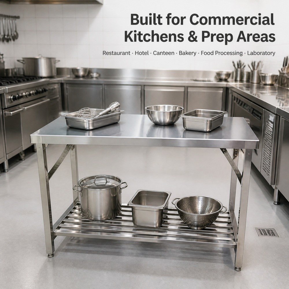 Folding Stainless Steel Work Table — in commercial kitchen