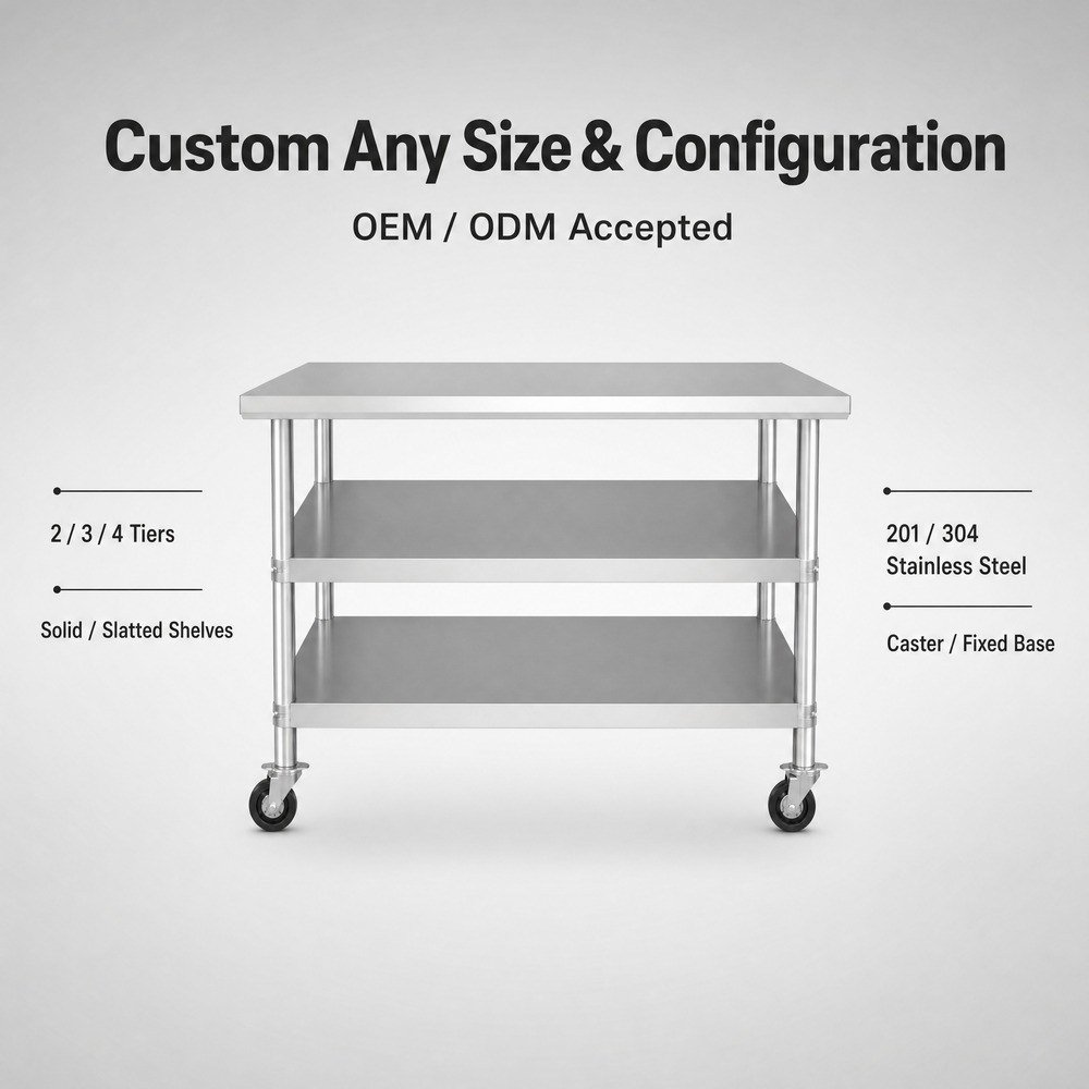 Mobile 3-Tier Stainless Steel Work Table — available configurations