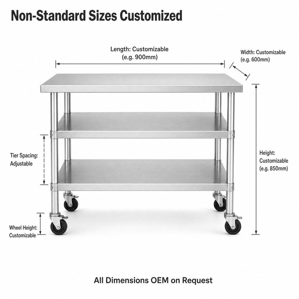 Mobile 3-Tier Stainless Steel Work Table — dimensions