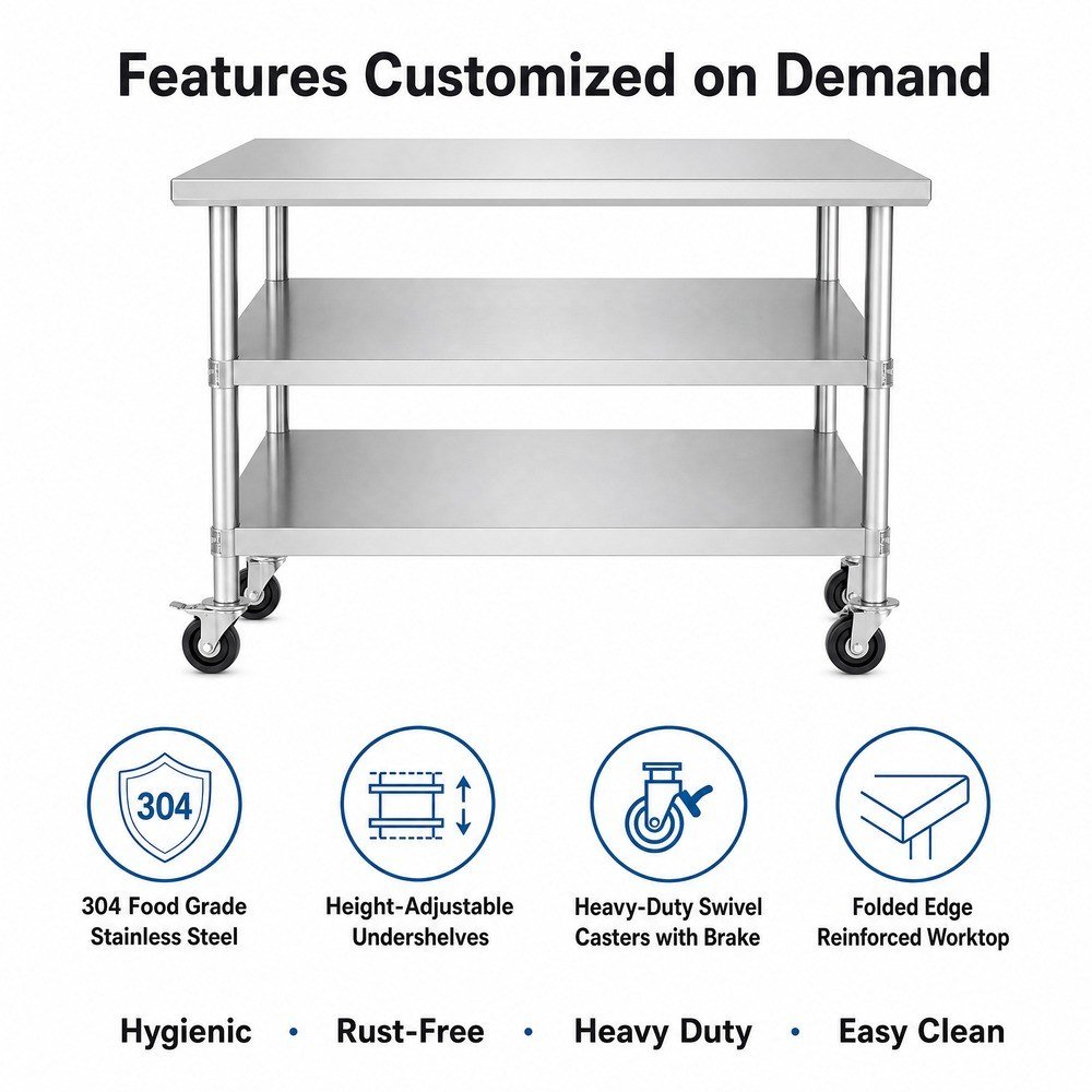 Mobile 3-Tier Stainless Steel Work Table — key features