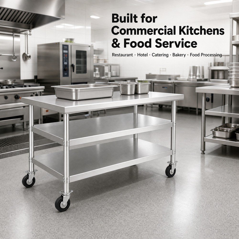 Mobile 3-Tier Stainless Steel Work Table — in commercial kitchen