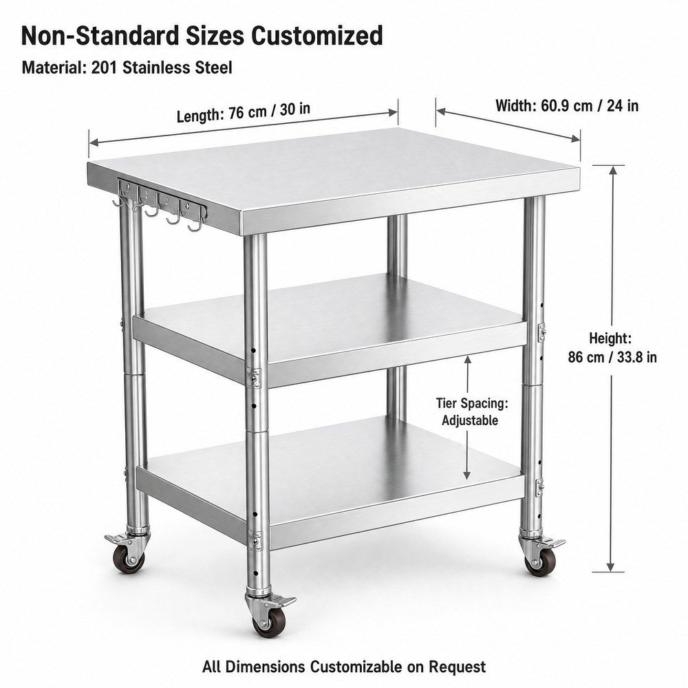 Mobile 3-Tier Stainless Steel Work Table with Hooks — dimensions