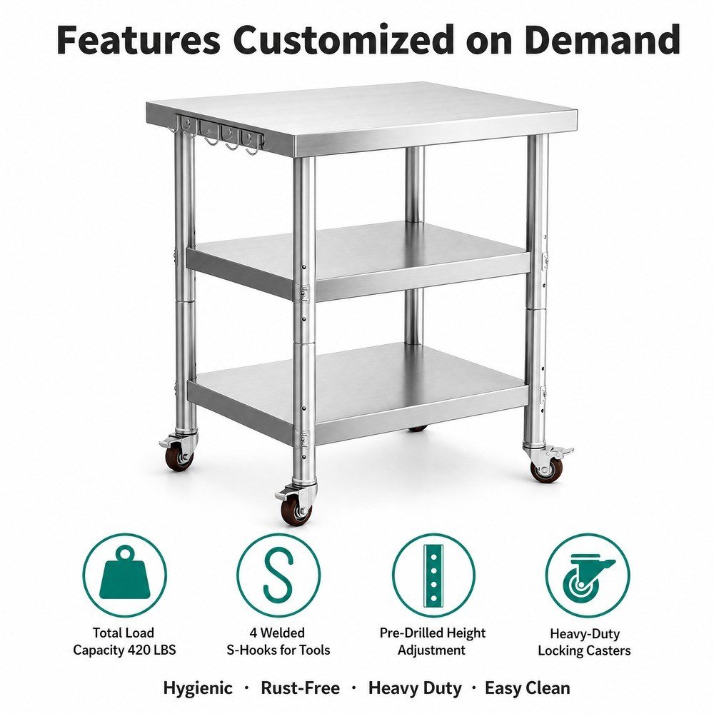 Mobile 3-Tier Stainless Steel Work Table with Hooks — key features