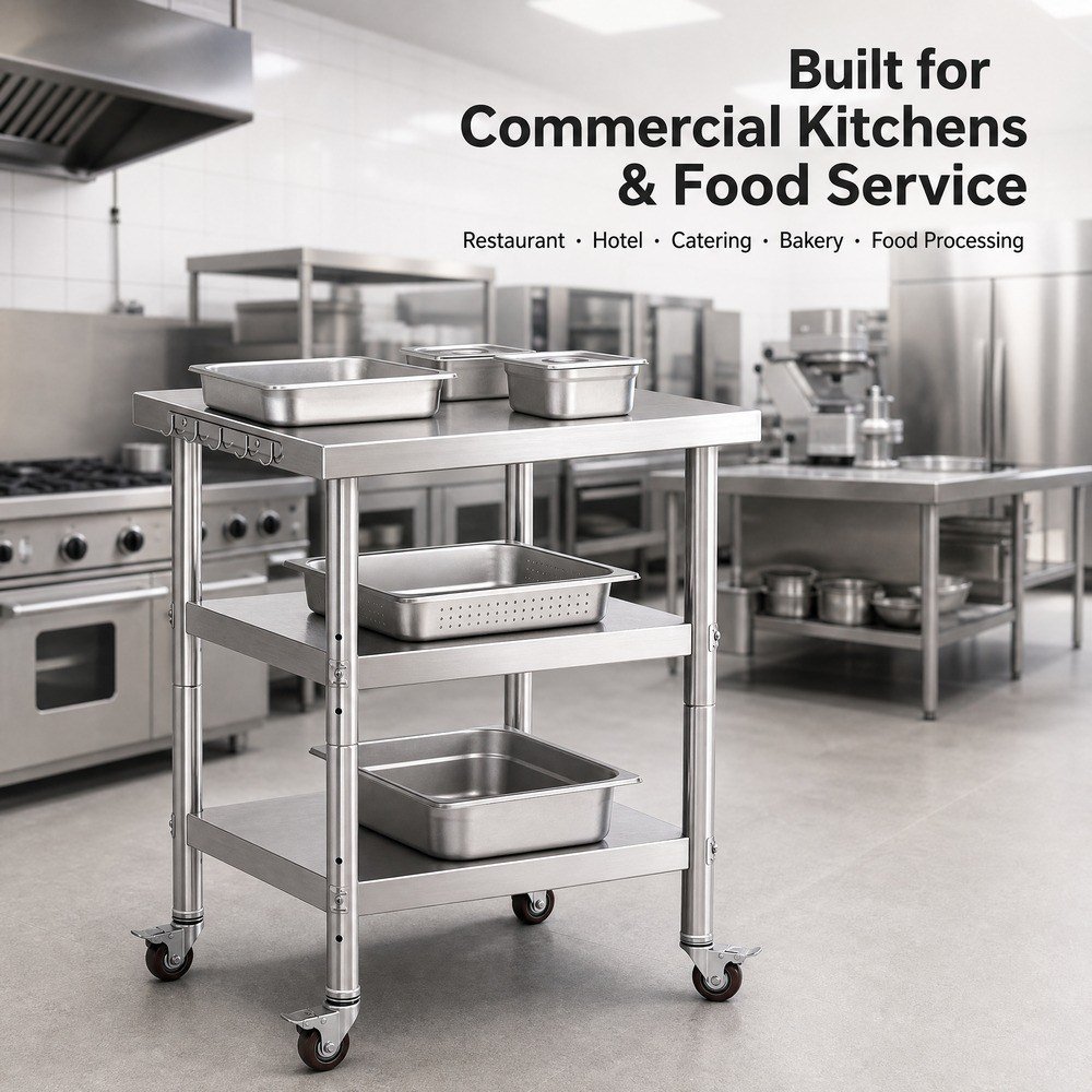 Mobile 3-Tier Stainless Steel Work Table with Hooks — in commercial kitchen