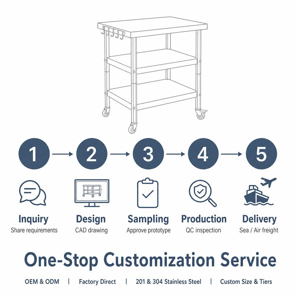 Mobile 3-Tier Stainless Steel Work Table with Hooks — OEM/ODM customization process