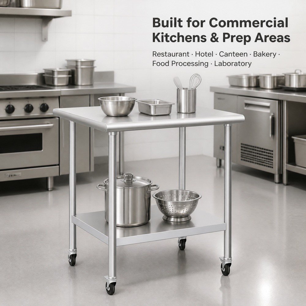 Mobile Stainless Steel Work Table — in commercial kitchen