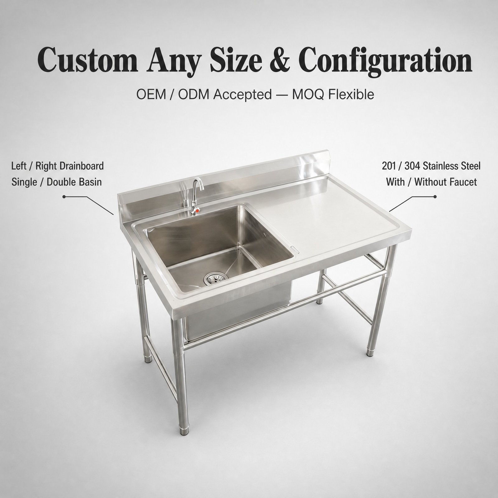 Single Bowl Sink with Right Drainboard — available configurations