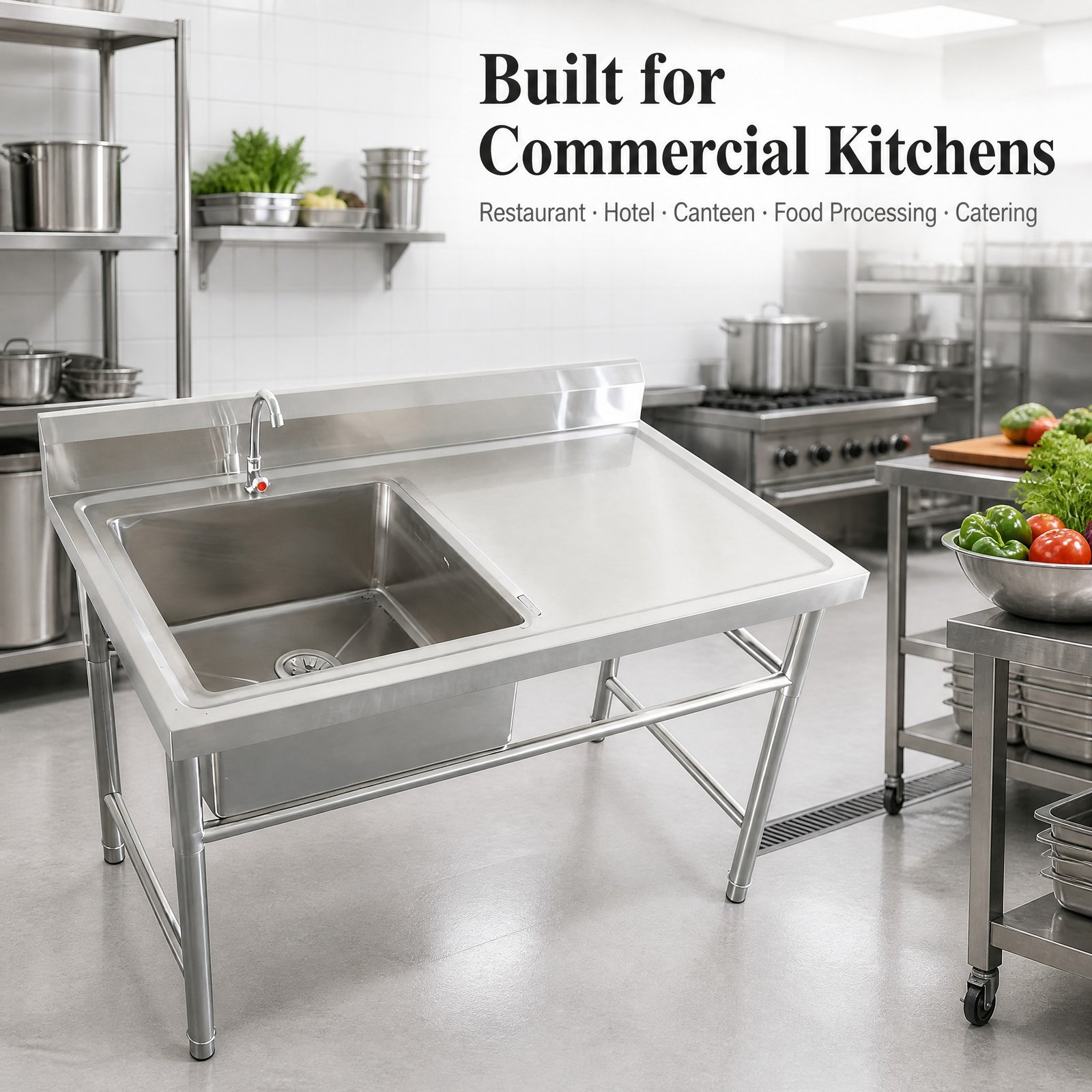 Single Bowl Sink with Right Drainboard — in commercial kitchen
