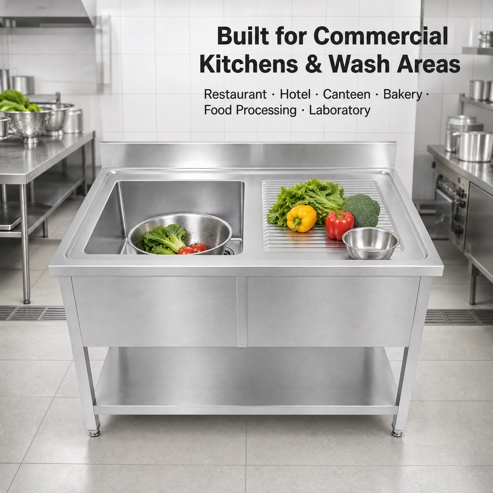 Sink Table with Ribbed Drainboard — in commercial kitchen