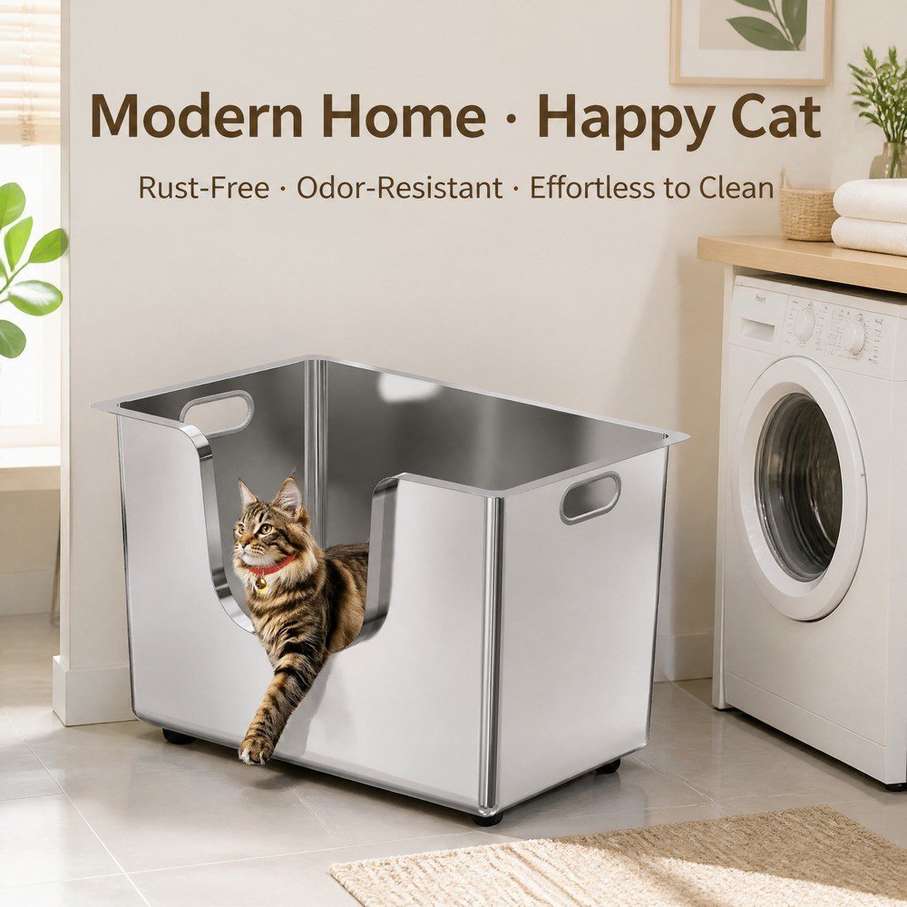 Stainless Steel Cat Litter Box &mdash; in use