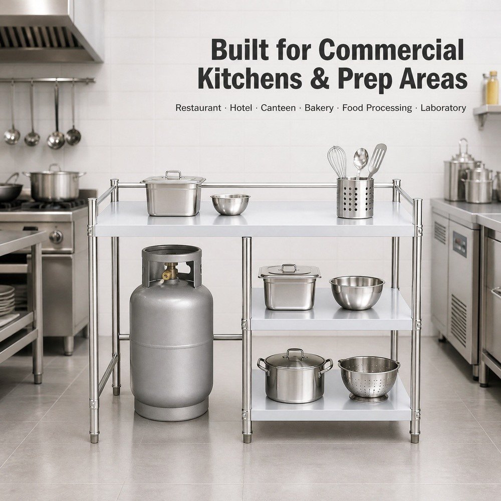 Stainless Steel Gas Cylinder Storage Rack — in commercial kitchen