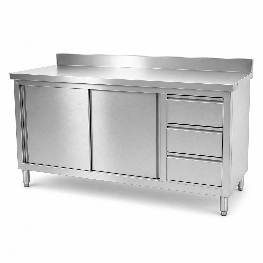 Stainless steel work cabinet with sliding doors and drawers — product overview