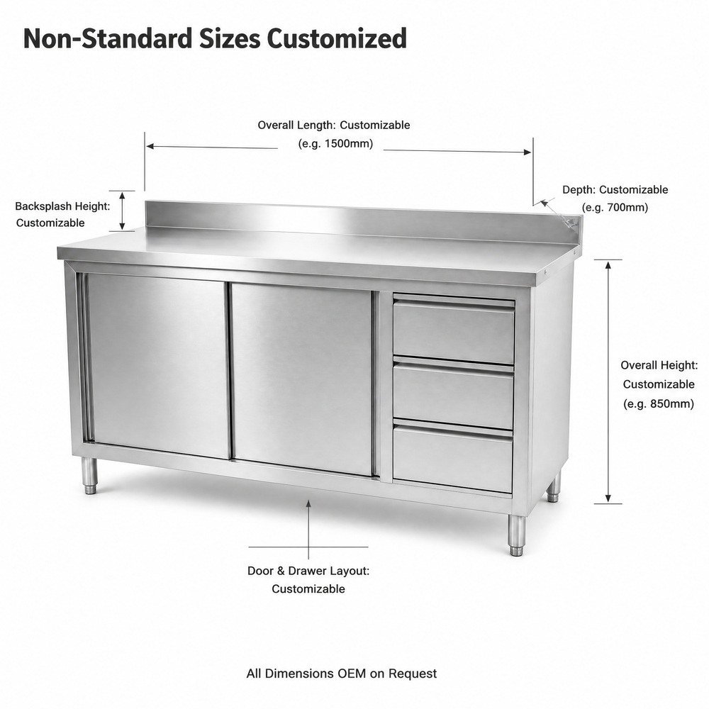 Commercial Stainless Steel Work Cabinet with Sliding Doors & Drawers — dimensions