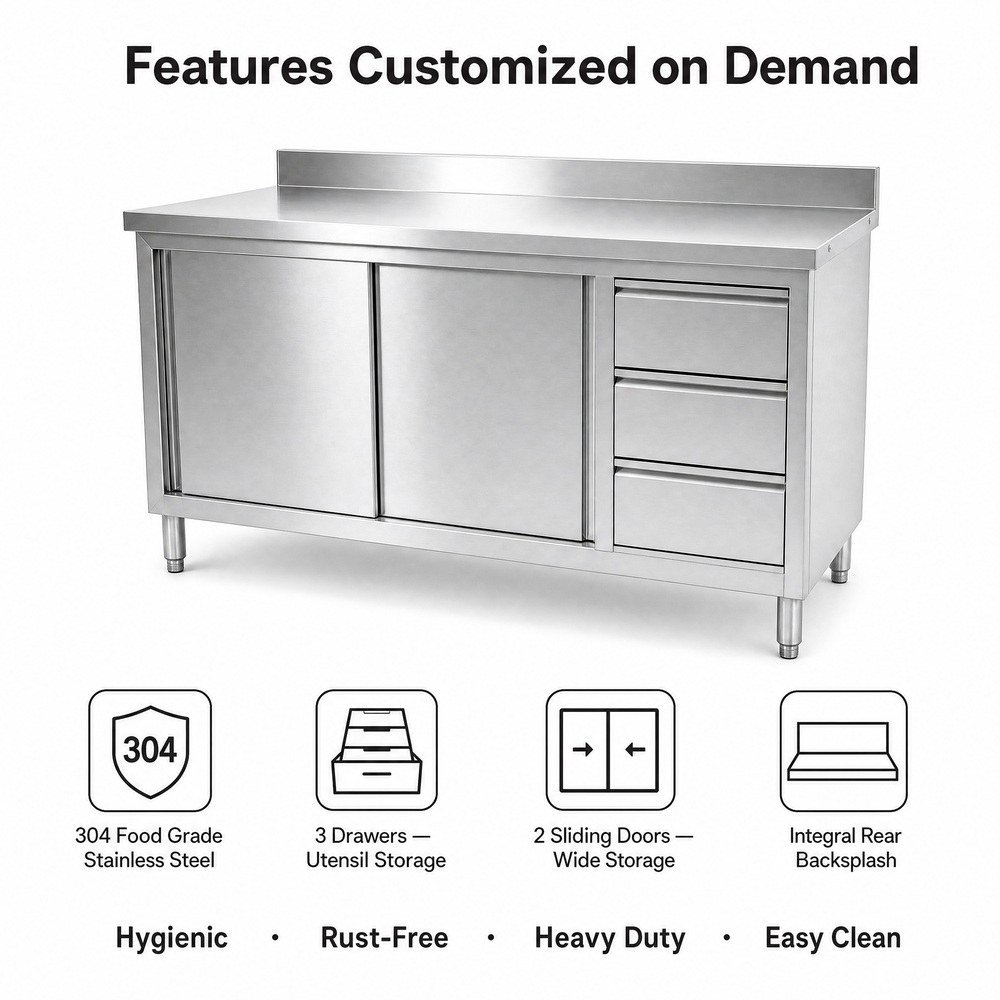 Commercial Stainless Steel Work Cabinet with Sliding Doors & Drawers — key features