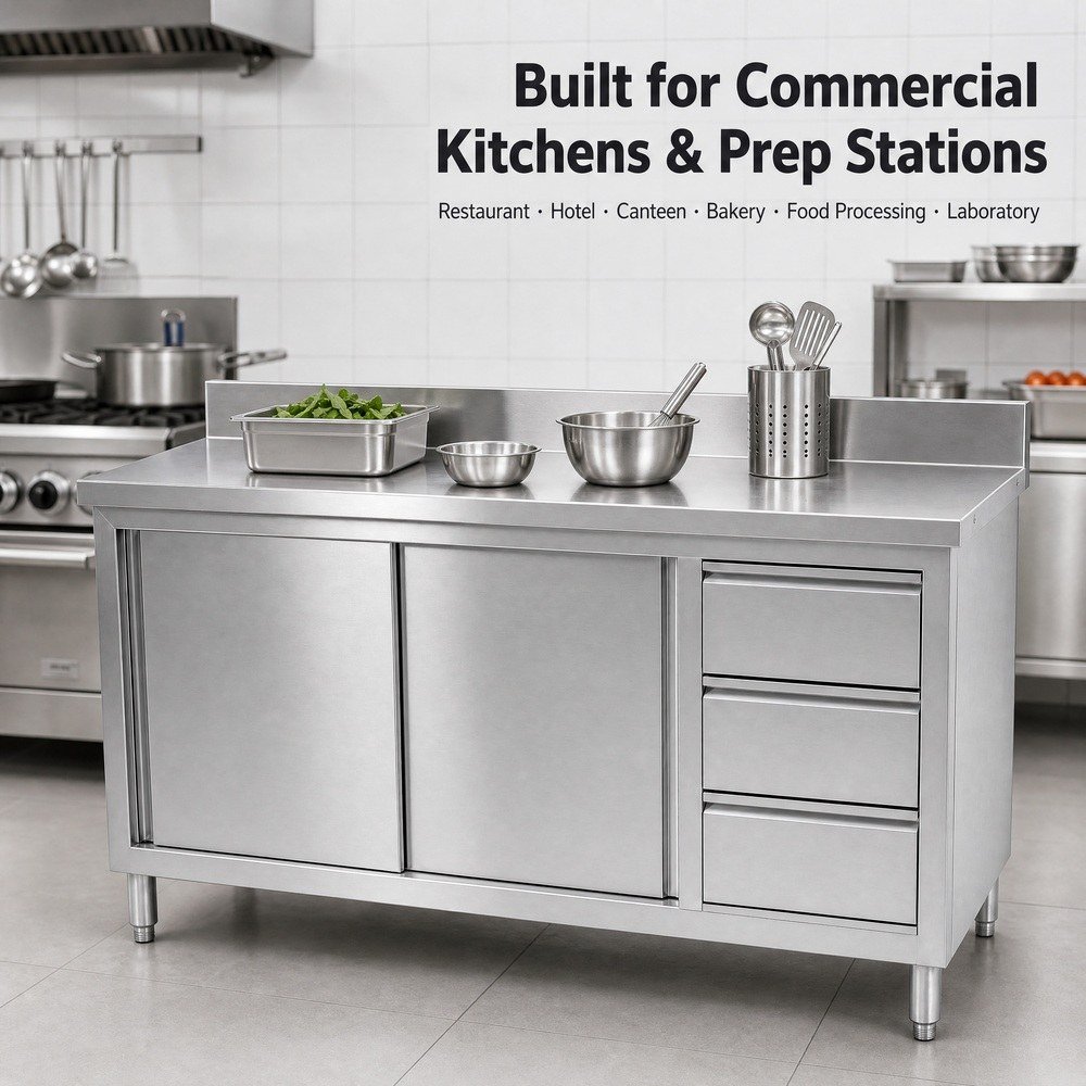 Commercial Stainless Steel Work Cabinet with Sliding Doors & Drawers — in commercial kitchen