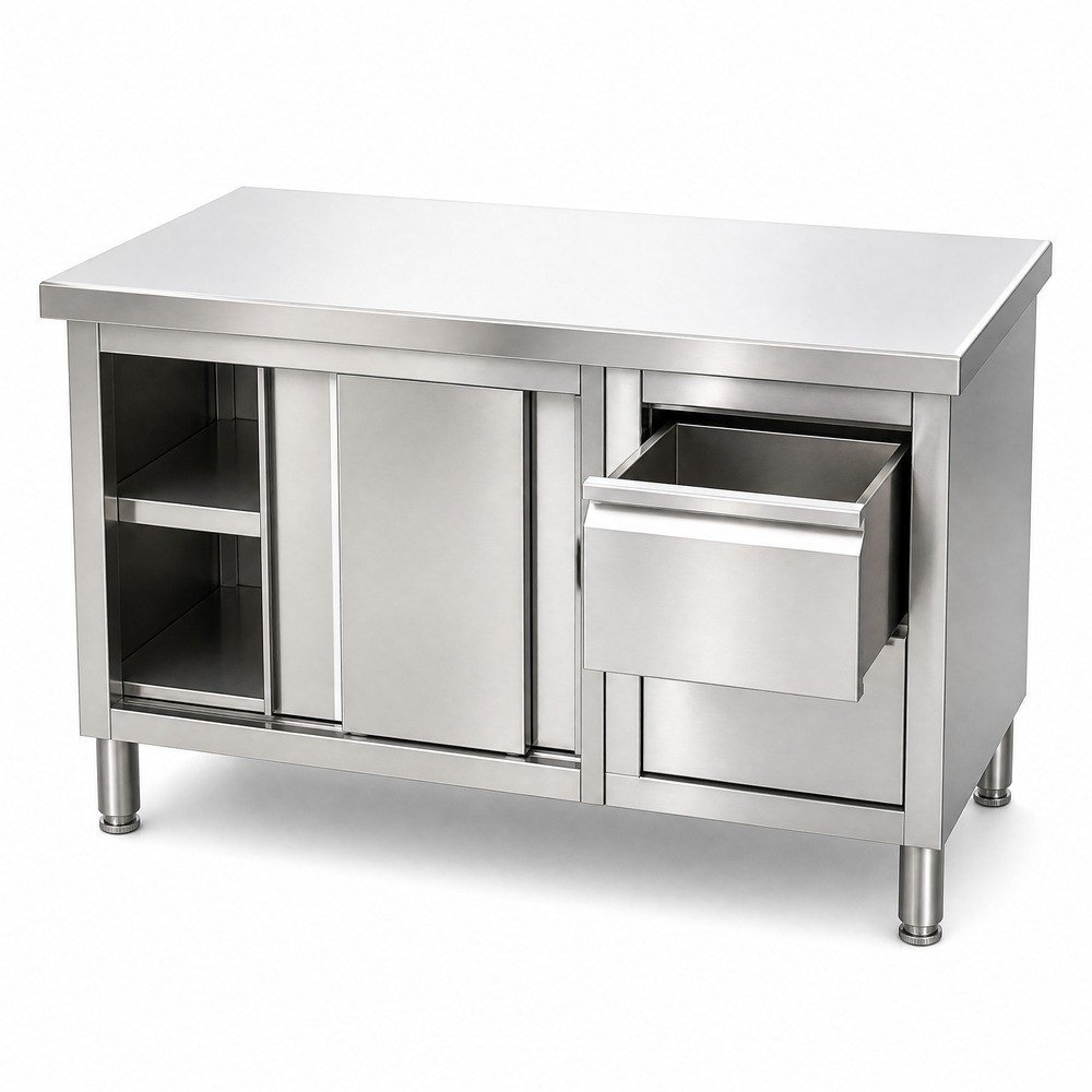 Stainless steel work cabinet with waste bin drawer — product overview