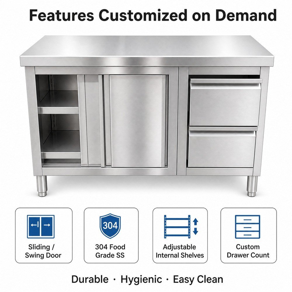 Stainless Steel Work Cabinet with Waste Bin Drawer — key features