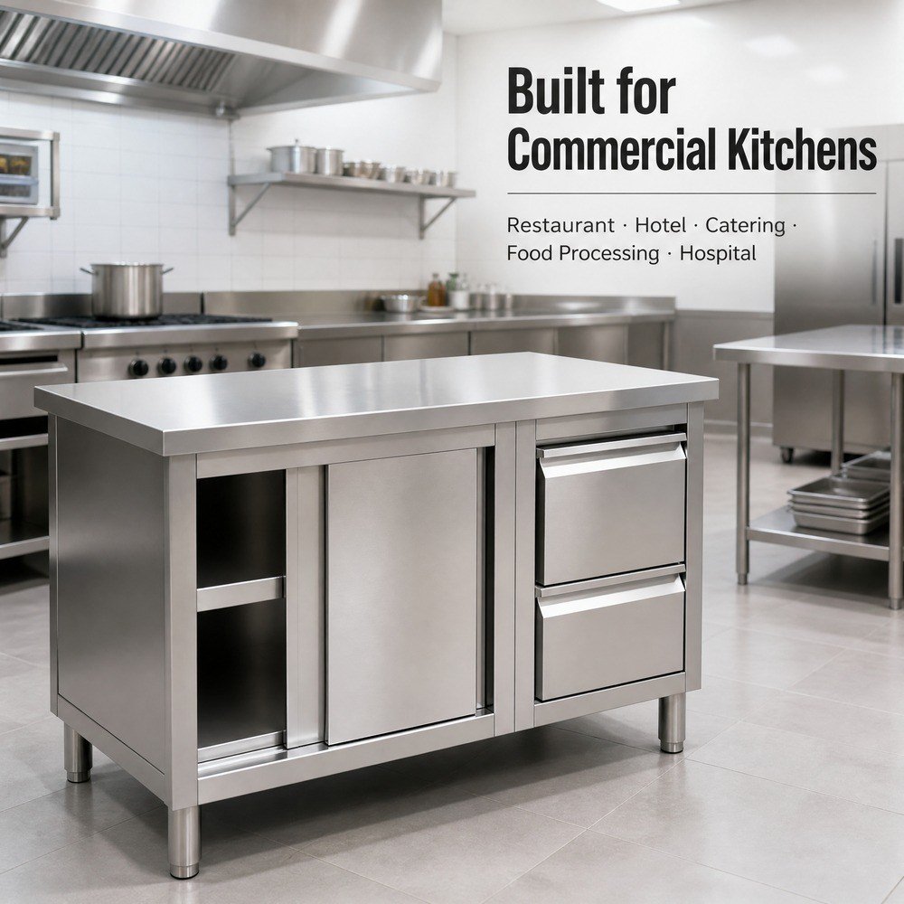 Stainless Steel Work Cabinet with Waste Bin Drawer — in commercial kitchen