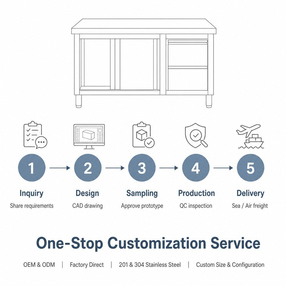 Stainless Steel Work Cabinet with Waste Bin Drawer — OEM/ODM customization process