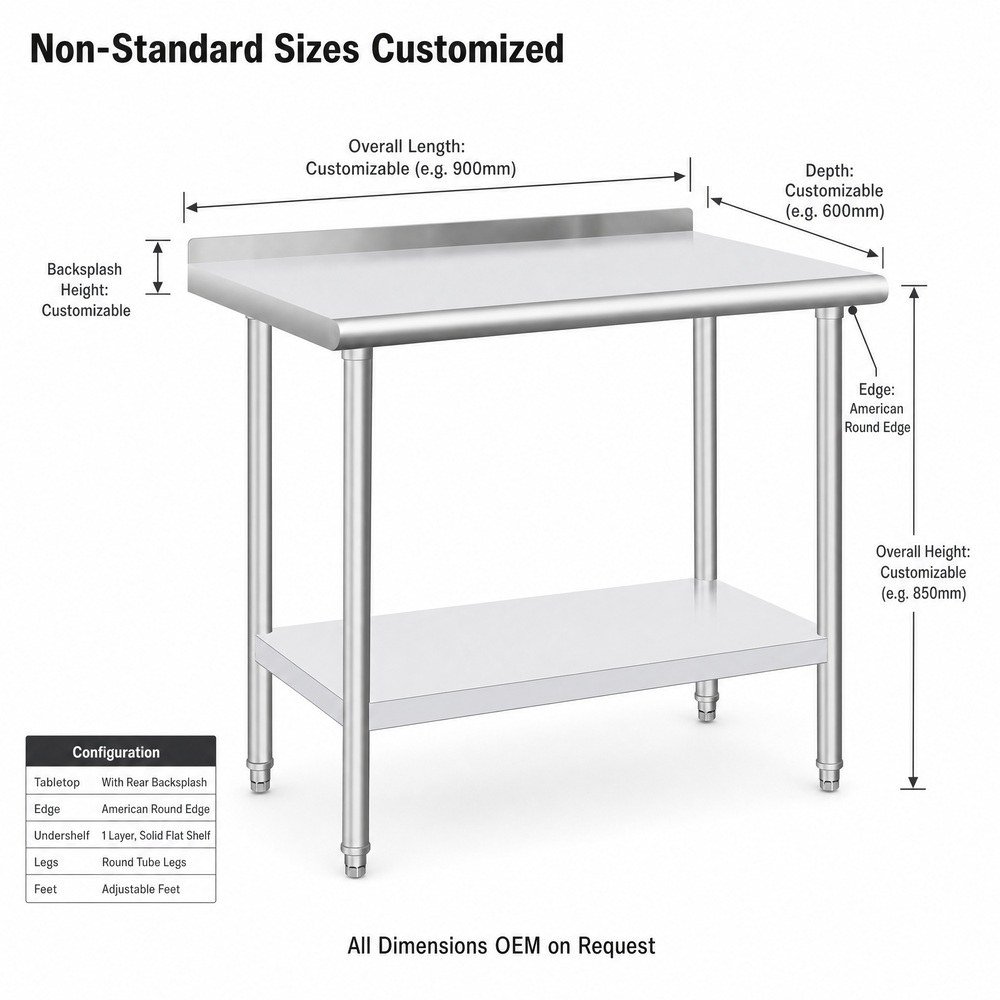 Stainless Steel Work Table with Backsplash — dimensions