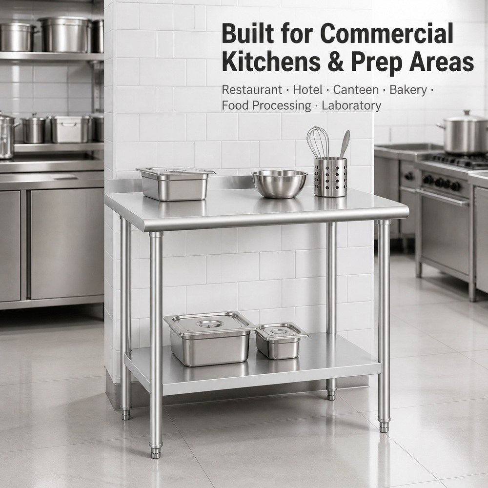 Stainless Steel Work Table with Backsplash — in commercial kitchen