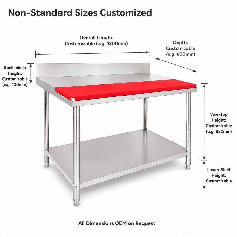 Stainless Steel Work Table with Cutting Board & Backsplash — dimensions