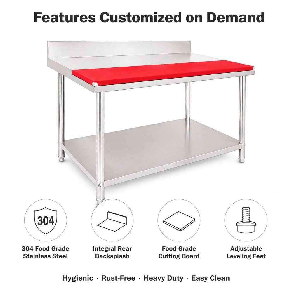 Stainless Steel Work Table with Cutting Board & Backsplash — key features