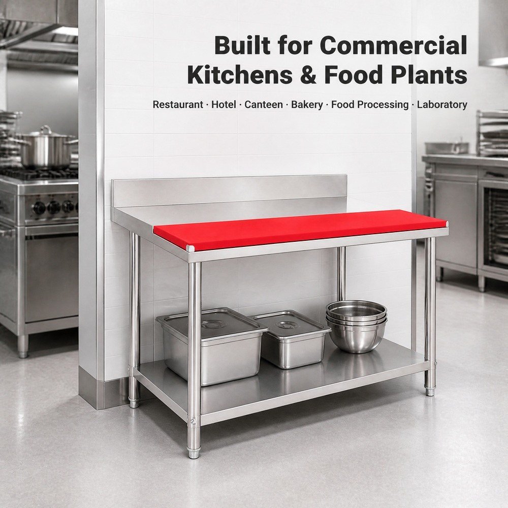 Stainless Steel Work Table with Cutting Board & Backsplash — in commercial kitchen