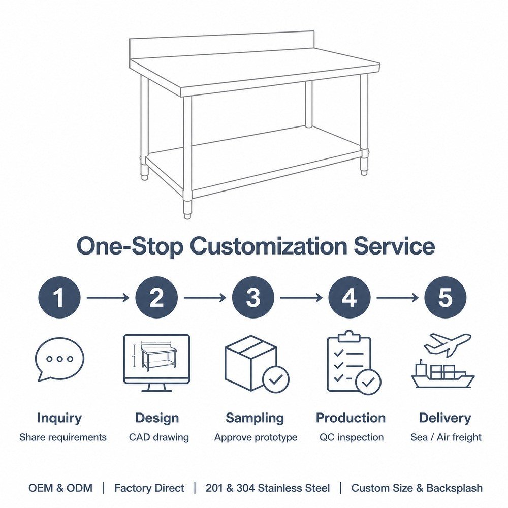 Stainless Steel Work Table with Cutting Board & Backsplash — OEM/ODM customization process
