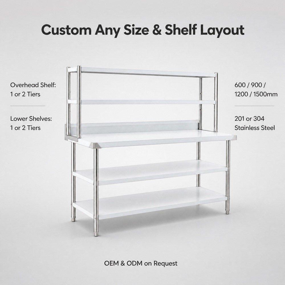 Stainless Steel Work Table with Overshelf — available configurations