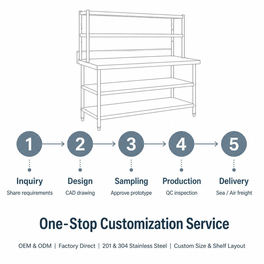 Stainless Steel Work Table with Overshelf — OEM/ODM customization process