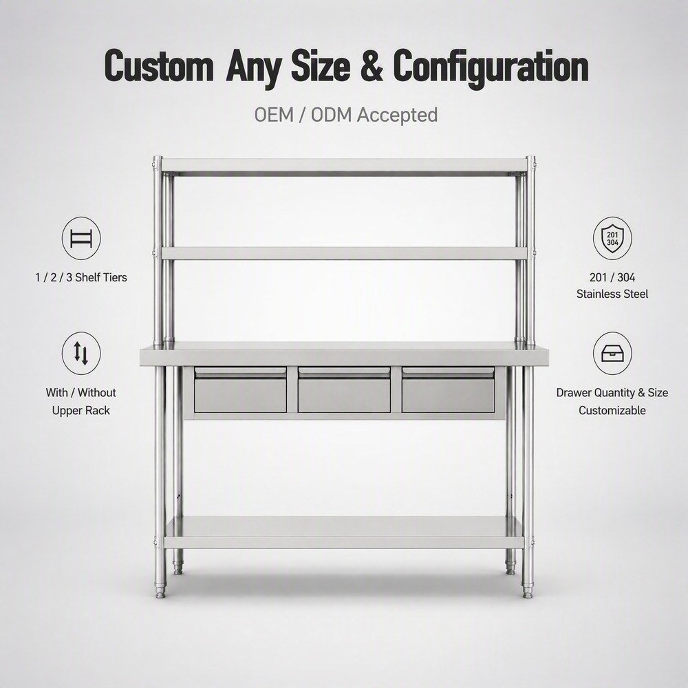 Stainless Steel Work Table with Overshelf & Drawers — available configurations