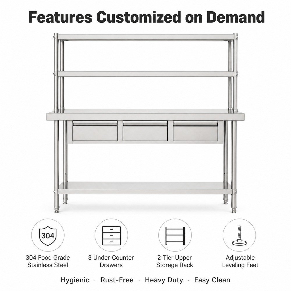 Stainless Steel Work Table with Overshelf & Drawers — key features