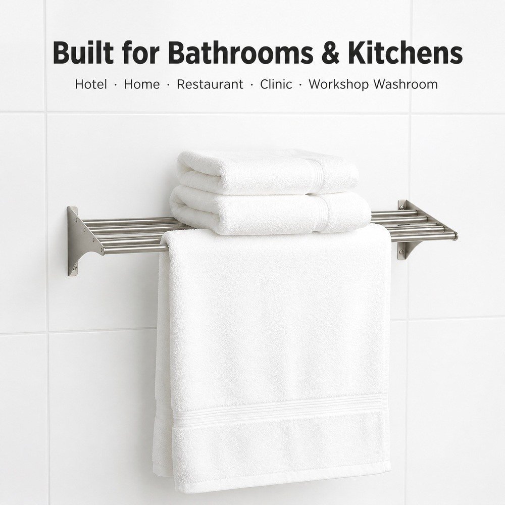 Wall-Mounted Stainless Steel Shelf Rack — in commercial kitchen
