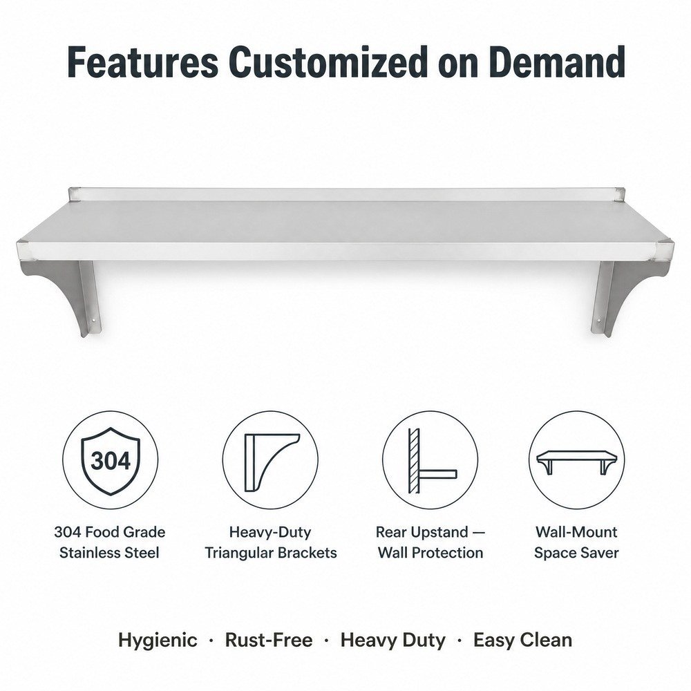 Wall-Mounted Stainless Steel Shelf with Guard Rail — key features