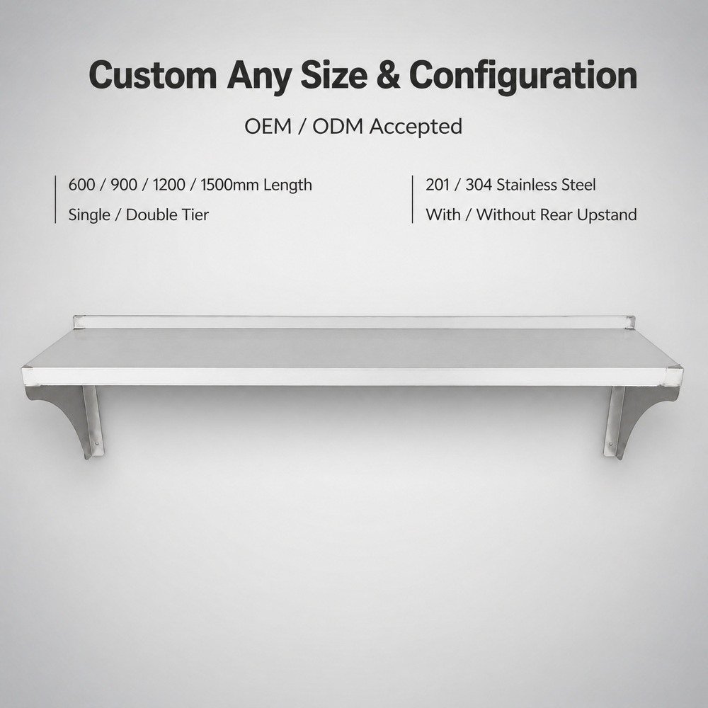 Wall-Mounted Stainless Steel Shelf with Guard Rail — available configurations