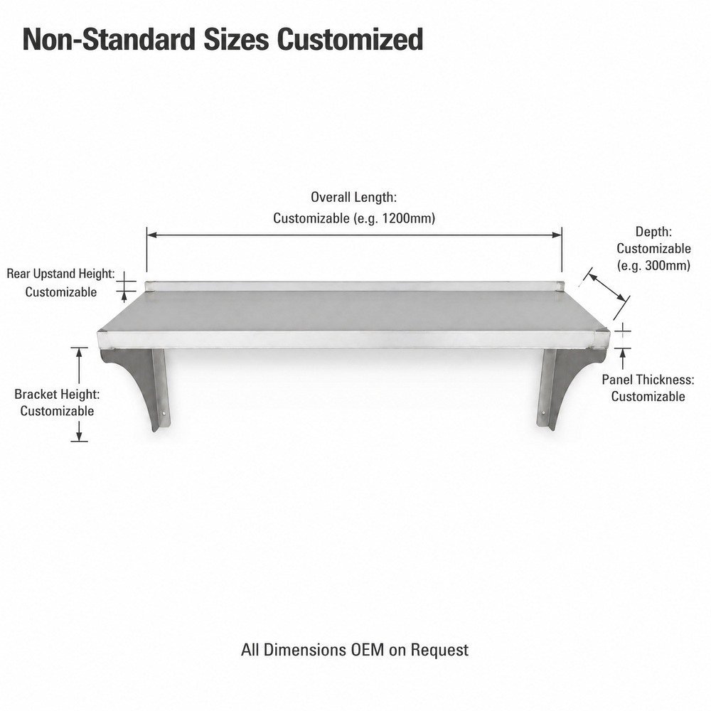 Wall-Mounted Stainless Steel Shelf with Guard Rail — dimensions